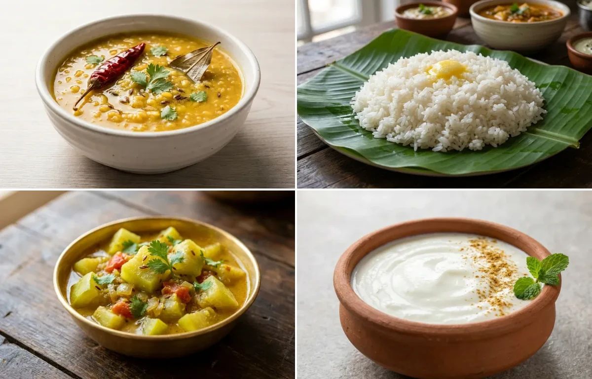 Moong Dal with Steamed White Rice with Lauki Sabzi with Dahi with Cucumber Salad