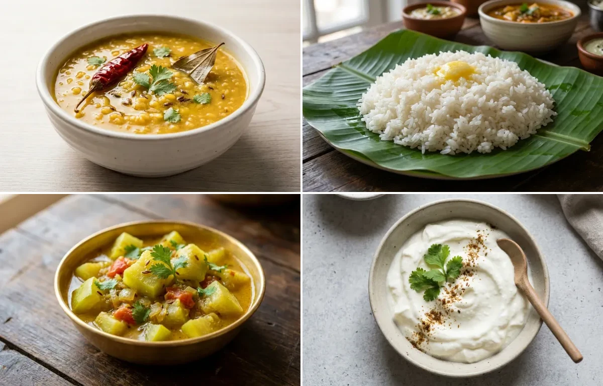 Moong Dal with Steamed White Rice with Lauki Sabzi with Plain Dahi
