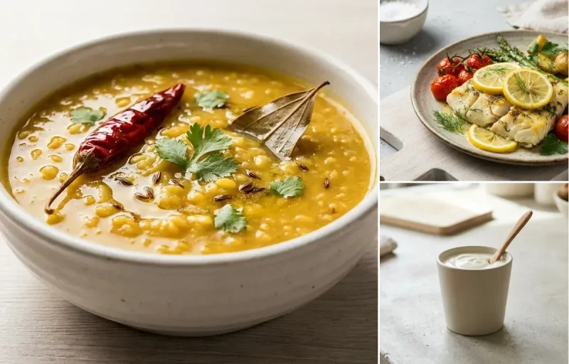 Moong Dal with One Chapati, Baked Cod With Lemon and Plain Yogurt Cup