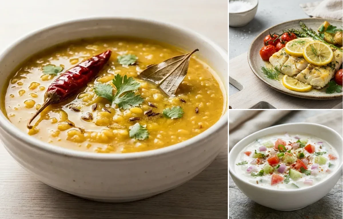 Moong Dal with Phulka Plate, Baked Cod With Lemon and Kachumber Raita