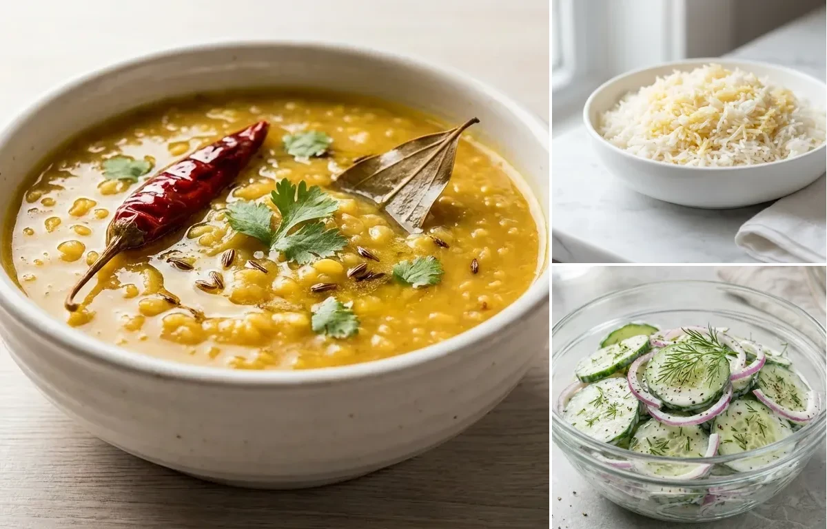 Moong Dal with Steamed Basmati Rice with Cucumber Salad