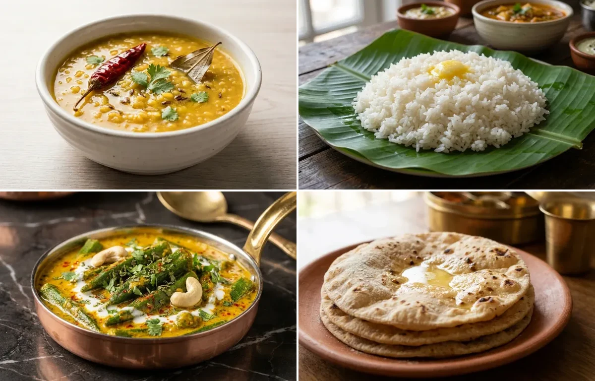 Moong Dal with Steamed Rice with Shahi Bhindi with Roti with Dahi