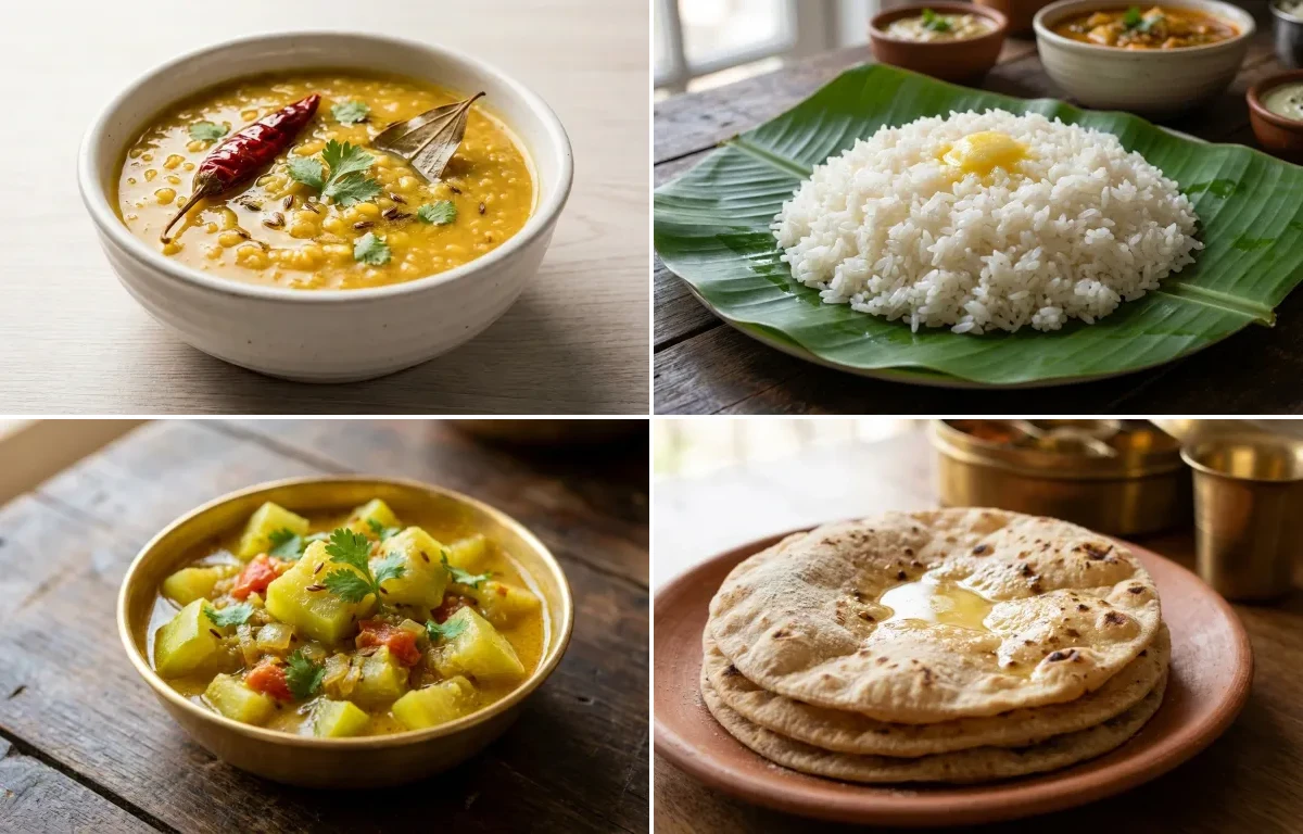 Moong Dal with Steamed Rice with Lauki Sabzi with Roti with Dahi