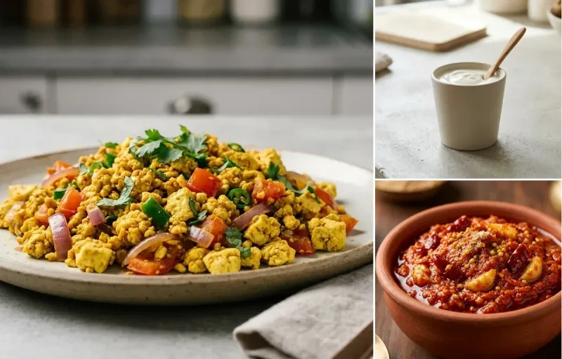 Moong Dal with Vegan Methi Thepla, Vegan Tofu Bhurji, Plain Yogurt Cup and Garlic Chutney