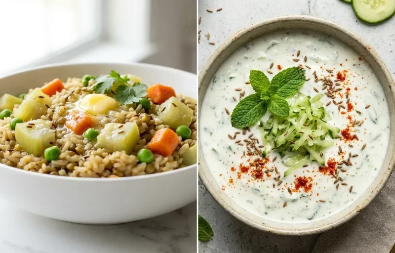 Moong Vegetable Khichdi with Cucumber Mint Raita with Phulka