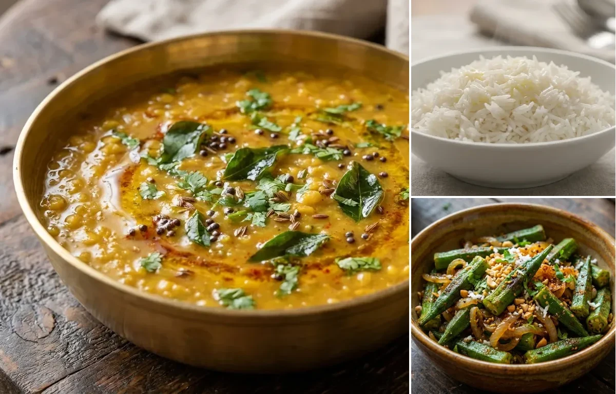 Moongachi Amti with Steamed Basmati Rice and Bhendichi Bhaji