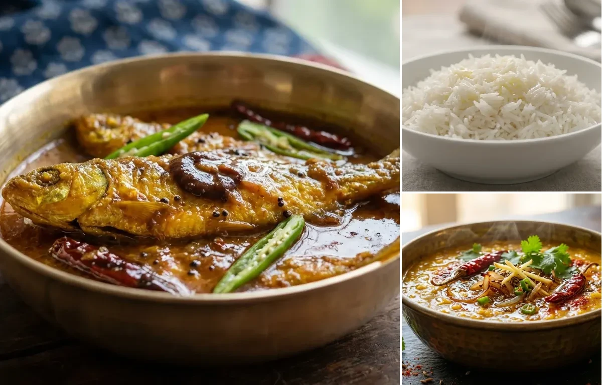 Mourala Maacher Tok with Steamed Basmati Rice and Dal Tadka