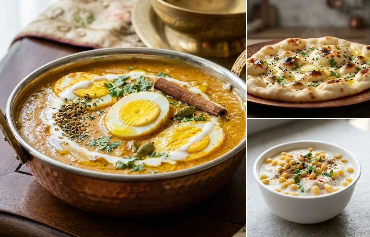 Mughlai Anda Curry with Butter Naan and Boondi Raita