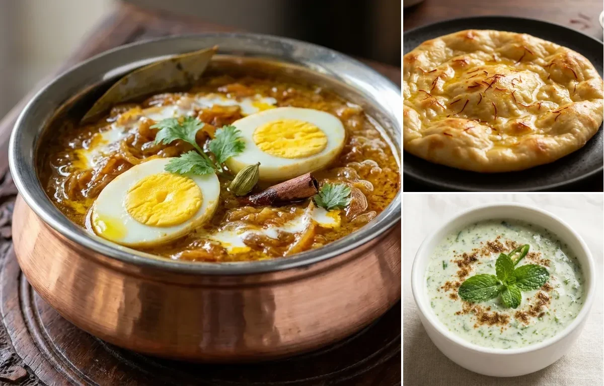 Mughlai Anda Do Pyaza with Saffron Sheermal and Mint Raita