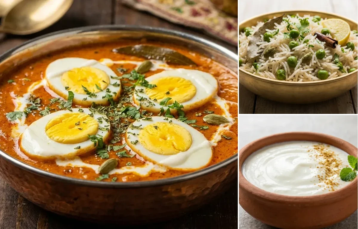 Mughlai Anda Masala with Peas Pulao and Dahi