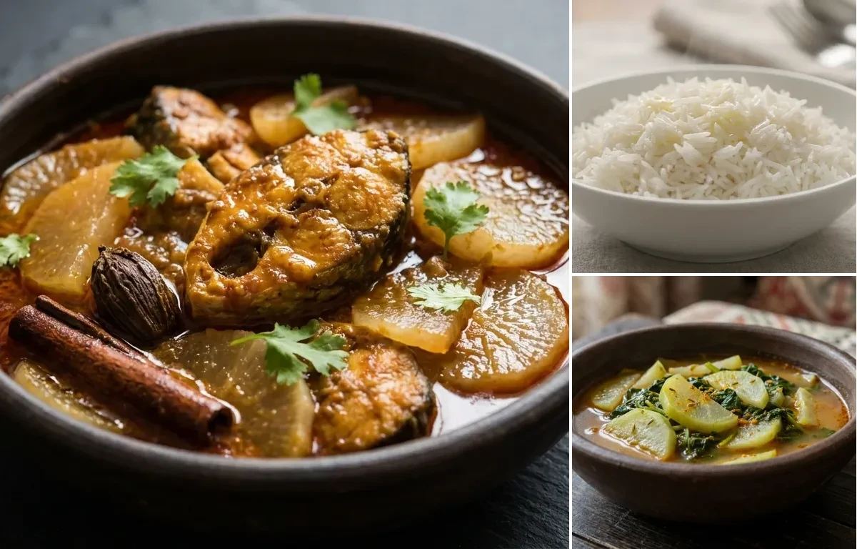 Muj Gaad with Steamed Basmati Rice and Monji Haak