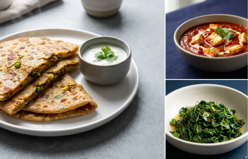 Cauliflower Paratha (Multigrain) with Paneer Tomato Curry with Sautéed Methi