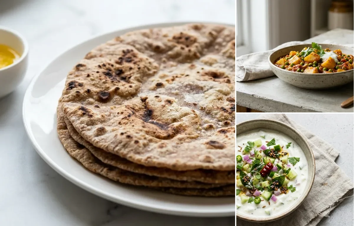Multigrain Roti, Healthy Aloo Matar Curry and Cucumber Raita