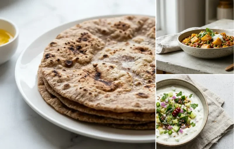 Multigrain Roti, Healthy Aloo Matar Curry and Cucumber Raita