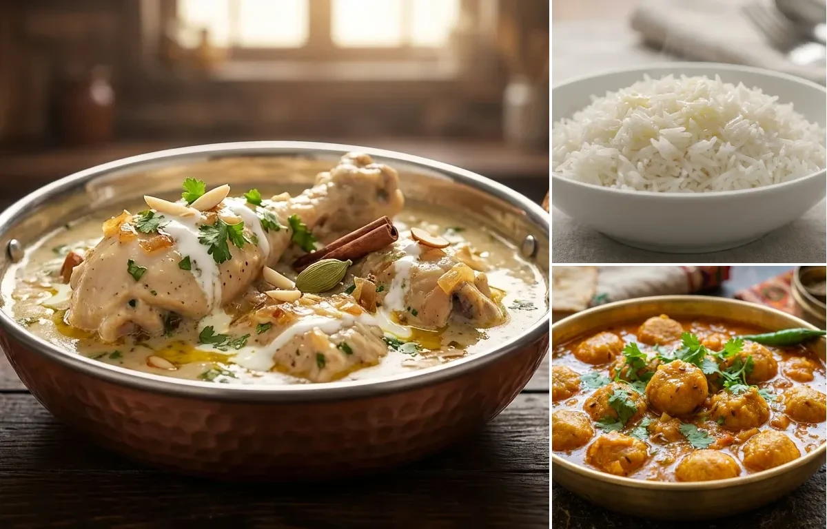 Murg ka Mokul with Steamed Basmati Rice and Gatte ki Sabzi