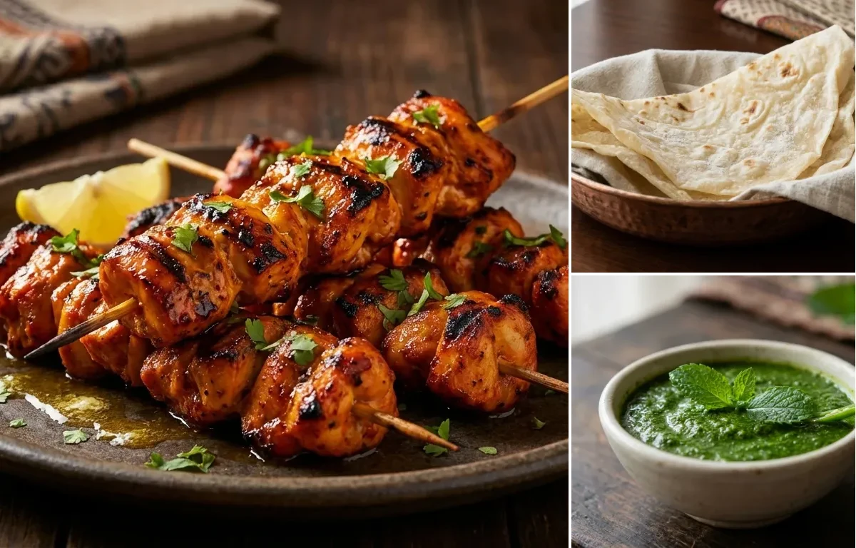 Murg Soola Kebab with Roomali Roti and Mint Chutney