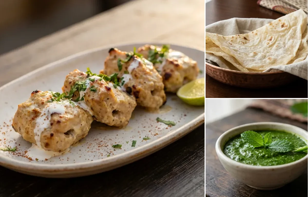 Murgh Malai Kebab with Roomali Roti and Mint Chutney