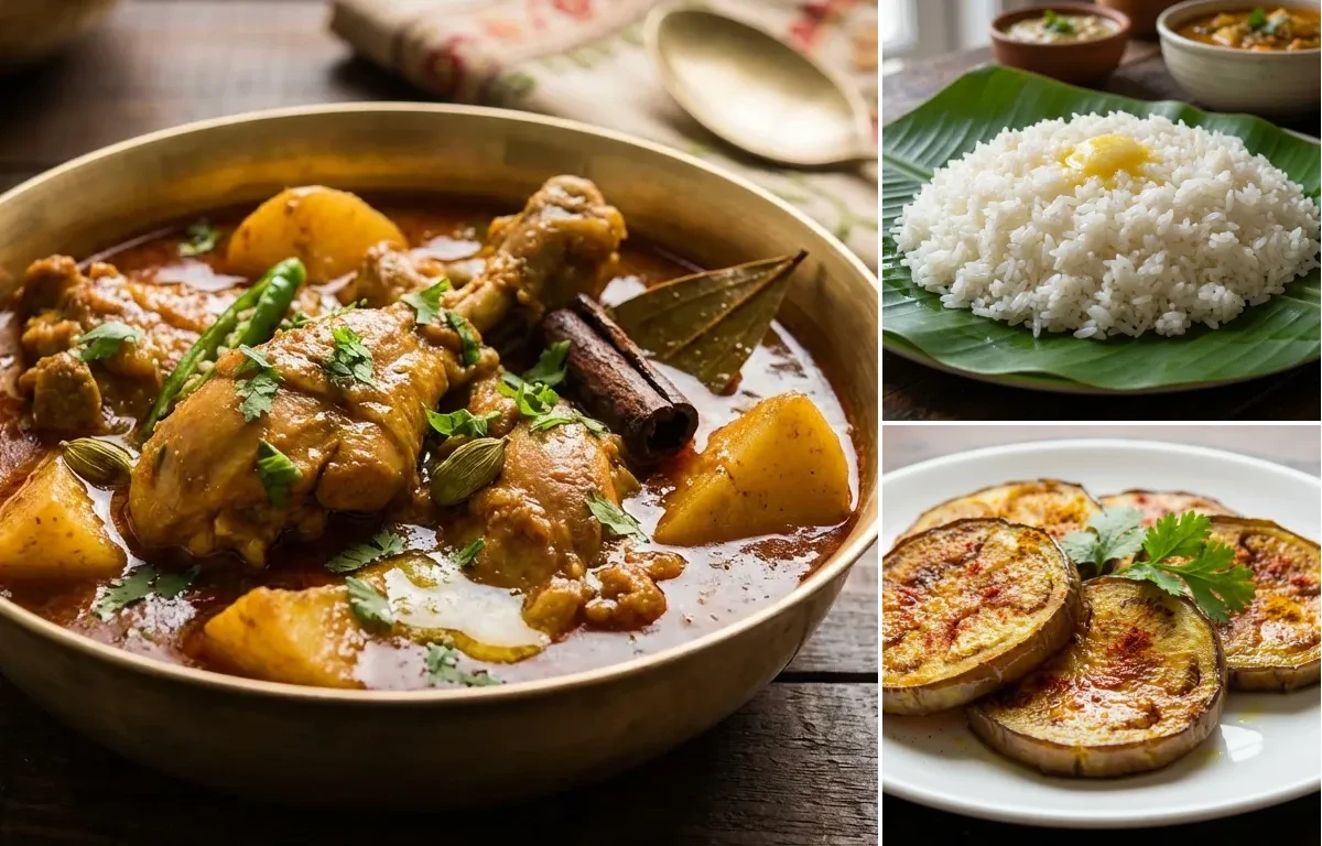 Murgir Jhol, Steamed Rice and Begun Bhaja