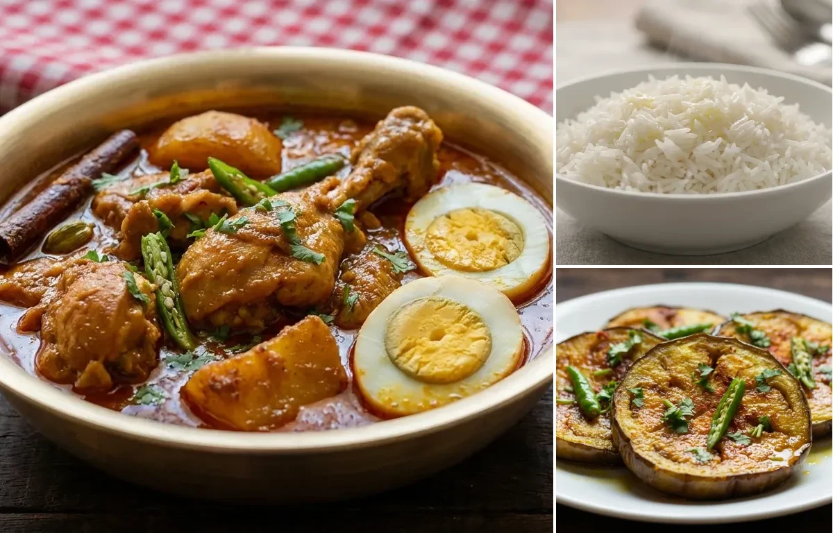Murgir Manxo Koni with Steamed Basmati Rice and Bengena Bhaji