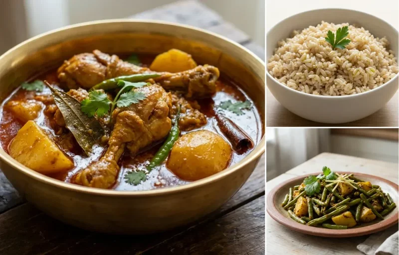 Murgir Manxor Jol, Steamed Brown Rice and Green Bean Sabzi