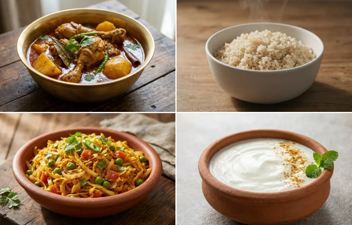Murgir Manxor Jol with Steamed White Rice with Cabbage Sabzi with Dahi