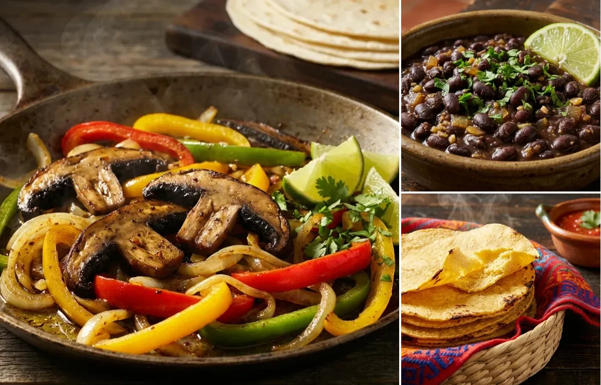 Mushroom and Bell Pepper Fajitas with Savory Black Beans and Corn Tortillas