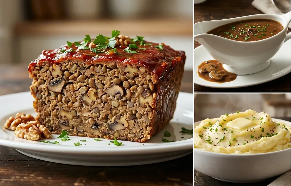 Mushroom and Lentil Loaf with Mushroom Gravy and Garlic Mashed Potatoes