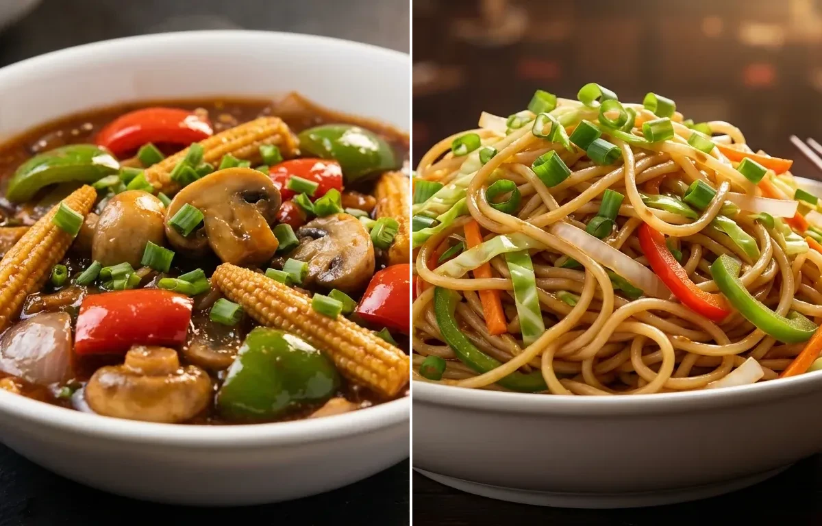Mushroom Baby Corn Hot Garlic Sauce with Veg Hakka Noodles