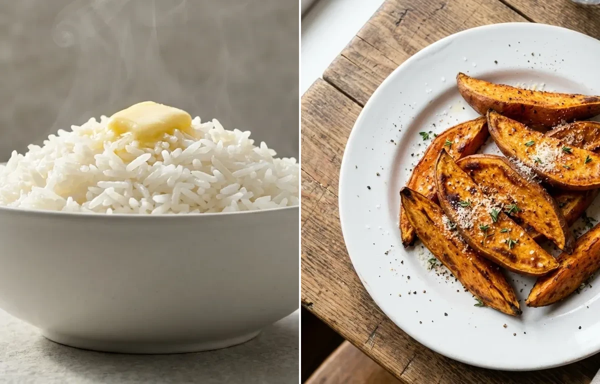 Mushroom Lomo Saltado with White Rice and Sweet Potato Wedges