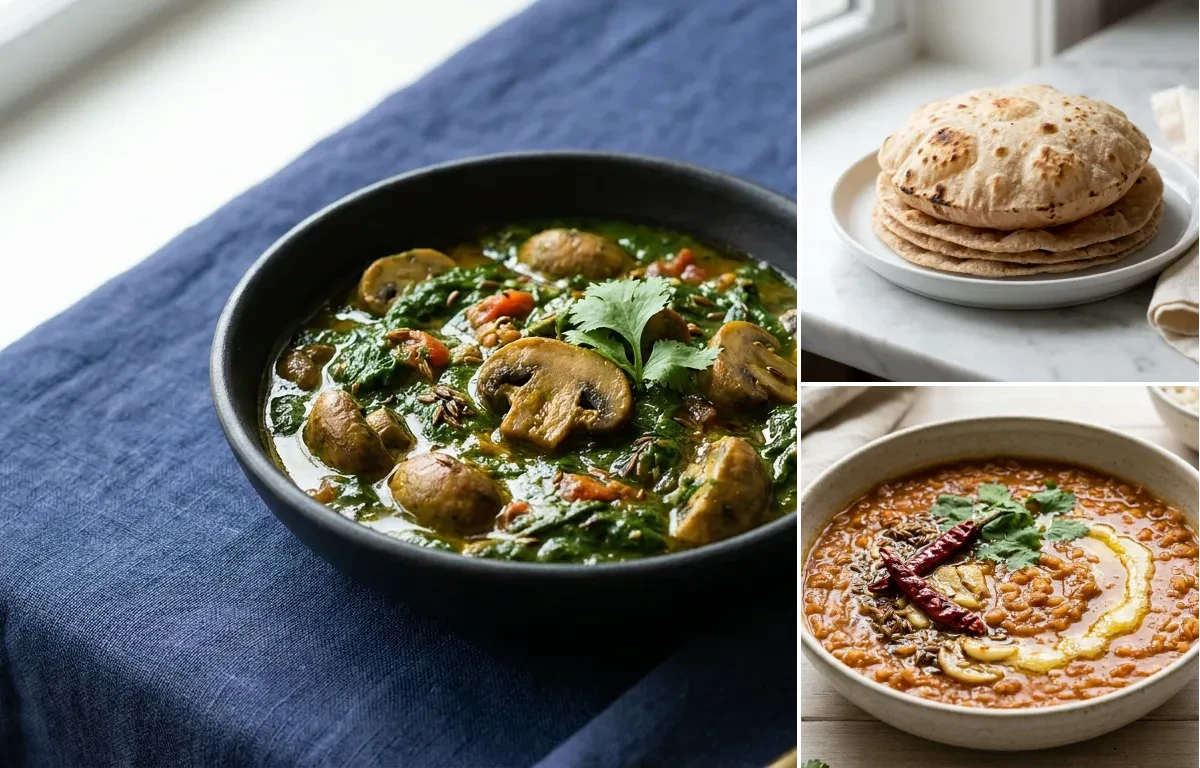 Mushroom Spinach Curry with Whole-Wheat Phulka with Masoor Dal