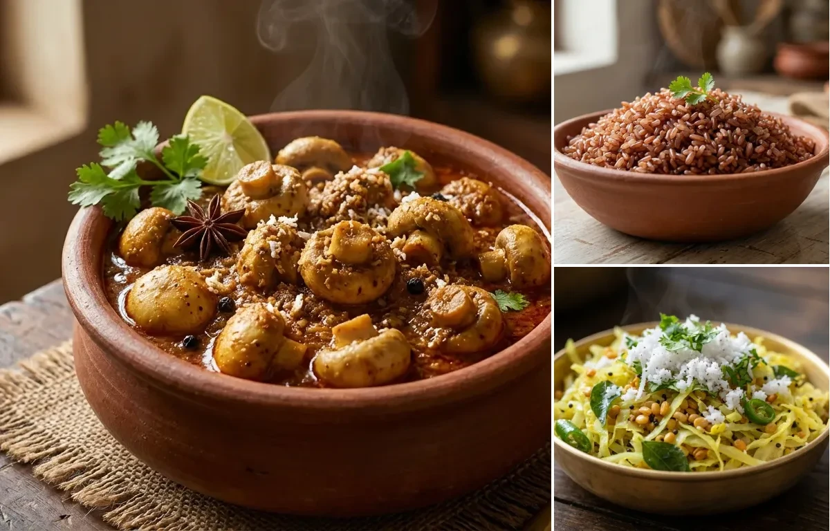 Mushroom Xacuti with Goan Red Rice and Cabbage Foogath