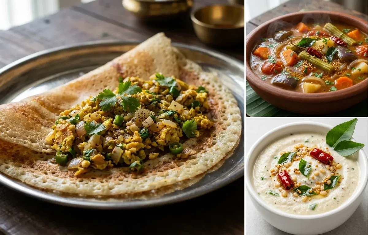 Mutta Dosa with Vegetable Sambar and Coconut Chutney