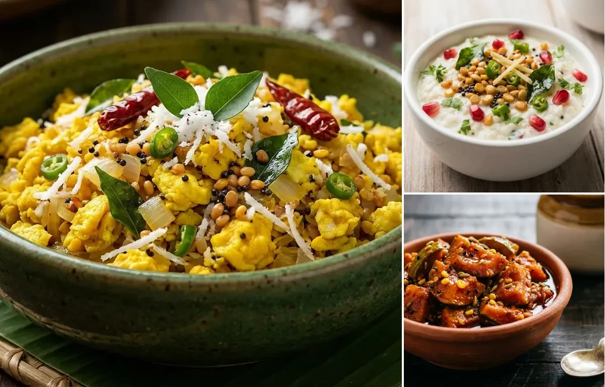 Mutta Thoran with Curd Rice and Mango Pickle