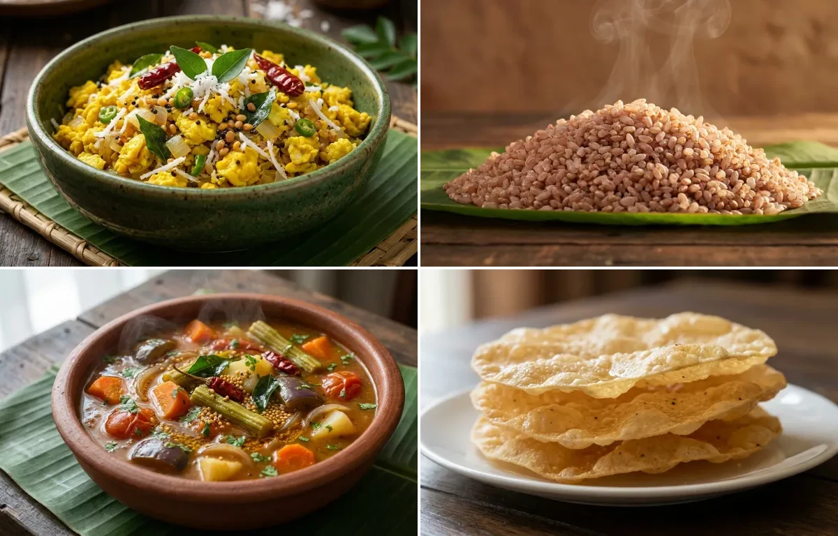 Mutta Thoran with Matta Rice, Vegetable Sambar and Pappadam