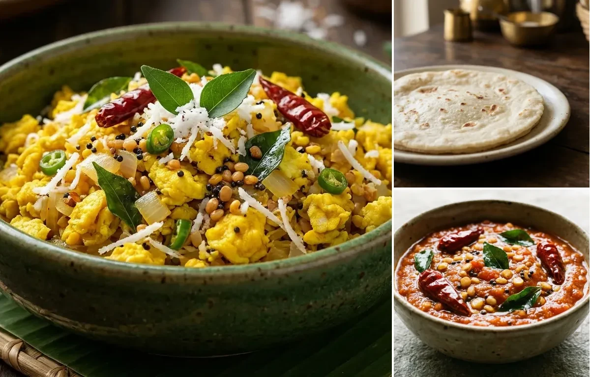 Mutta Thoran with Rice Bhakri and Tomato Chutney