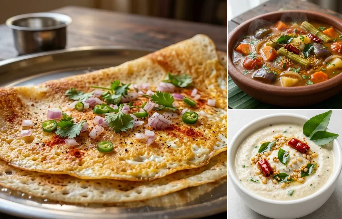 Muttai Dosa with Vegetable Sambar and Coconut Chutney