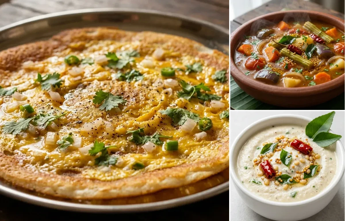 Muttai Dosai with Vegetable Sambar and Coconut Chutney