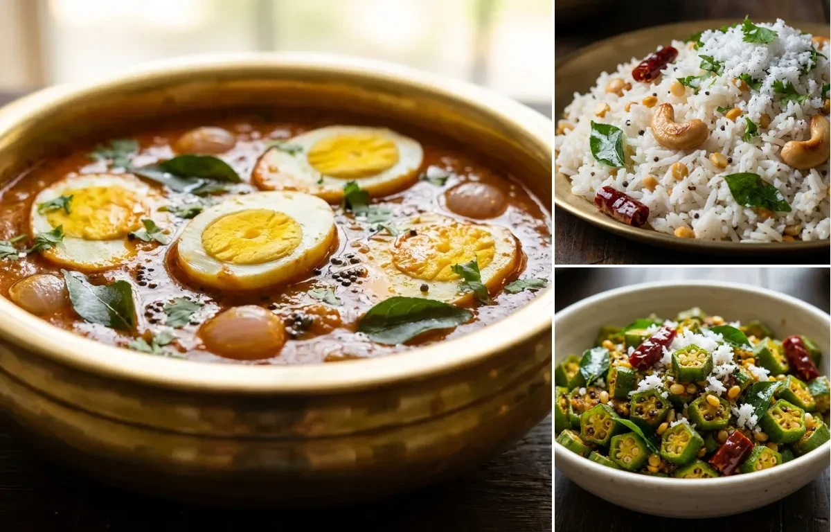 Muttai Kuzhambu with Coconut Rice and Vendakkai Poriyal