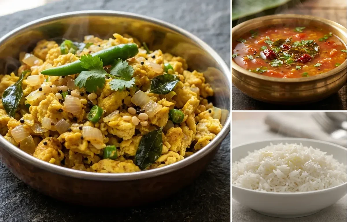 Muttai Podimas with Tomato Rasam and Steamed Basmati Rice