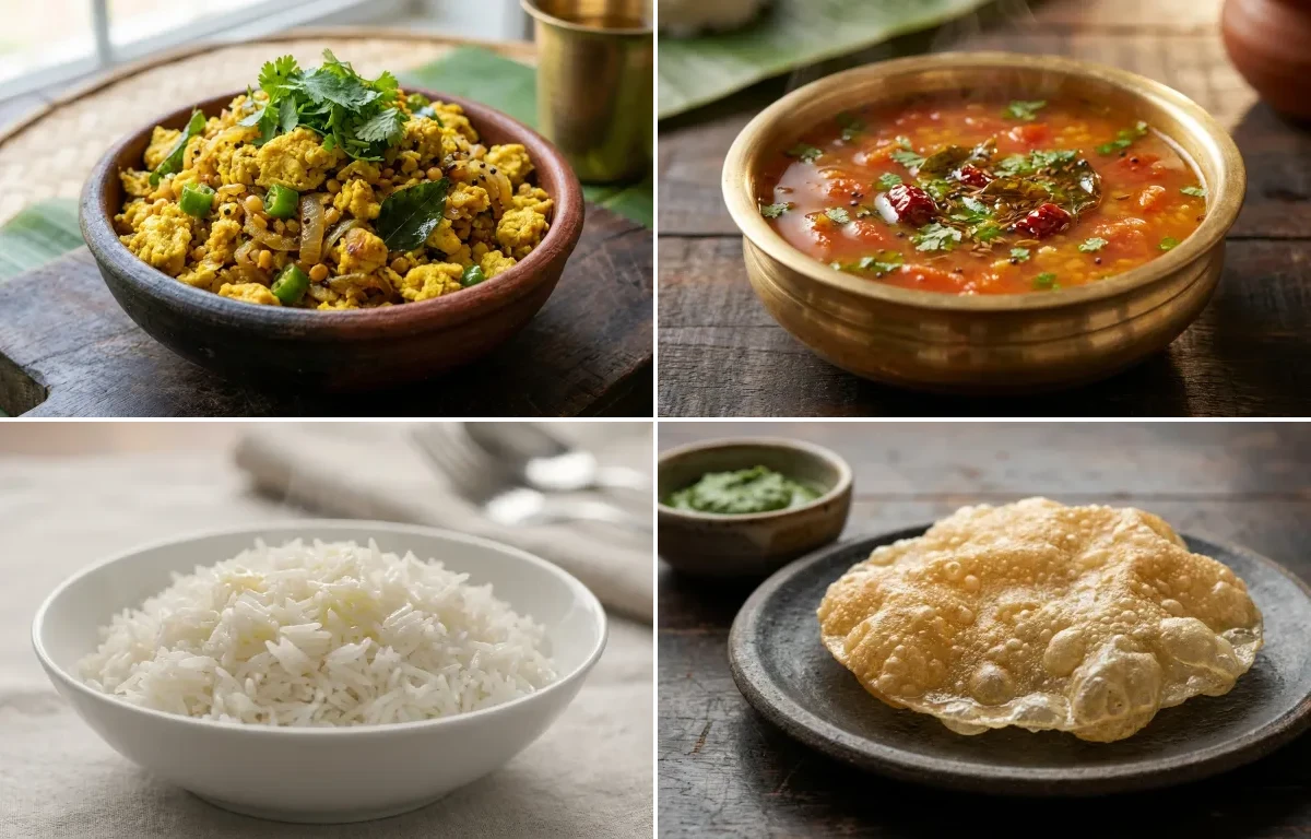 Muttai Poriyal with Tomato Rasam, Steamed Basmati Rice and Appalam