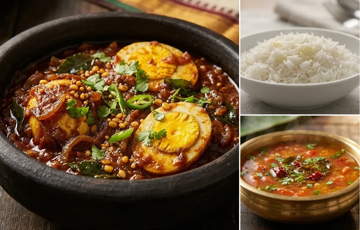 Muttai Thokku with Steamed Basmati Rice and Tomato Rasam