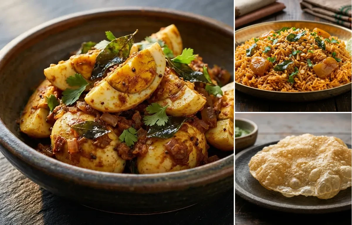 Muttai Varuval with Tomato Rice and Appalam