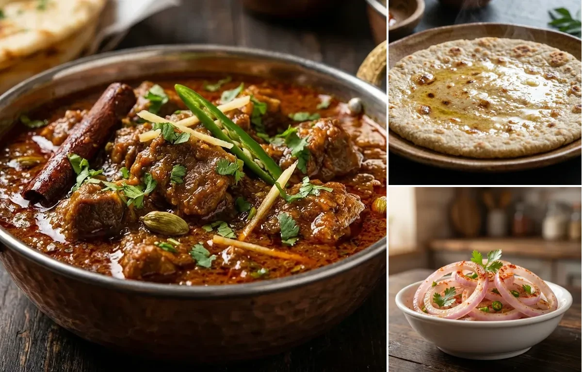 Mutton Boti Curry with Jonna Rotte and Onion Lachha Salad