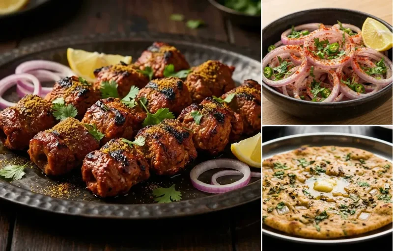 Mutton Boti Kebab with Laccha Onion Salad and Missi Roti