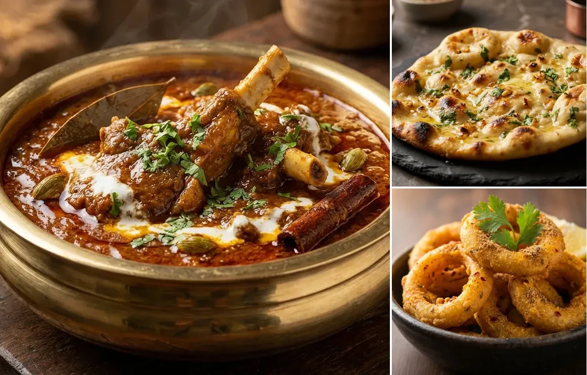 Mutton Chaap Masala with Garlic Naan and Indian Onion Rings