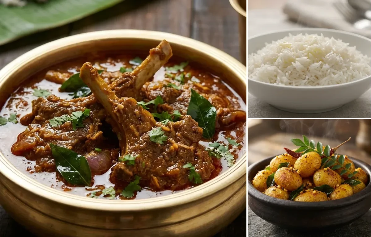 Mutton Chops Kuzhambu with Steamed Basmati Rice and Urulai Roast