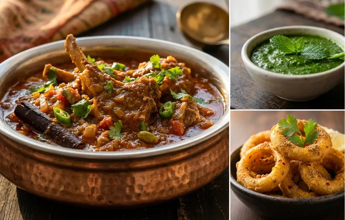 Mutton Chops Masala with Mint Chutney and Indian Onion Rings