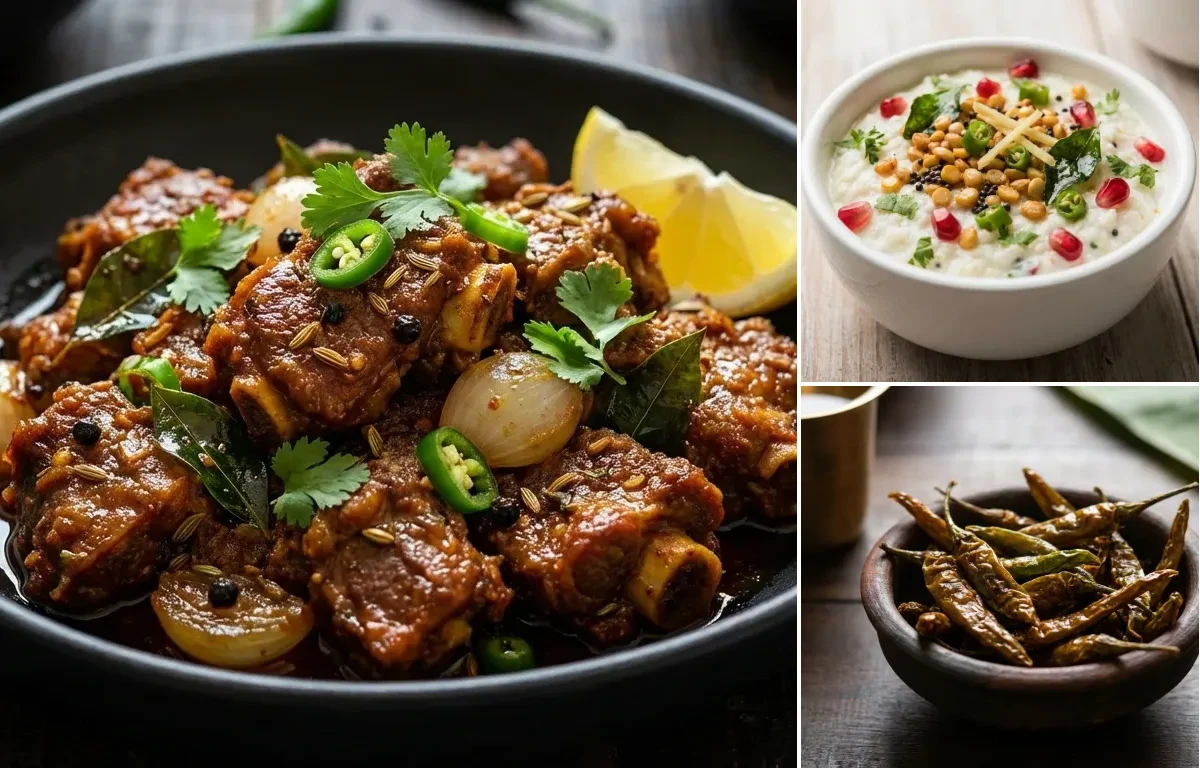 Mutton Chukka Varuval with Curd Rice and Mor Milagai