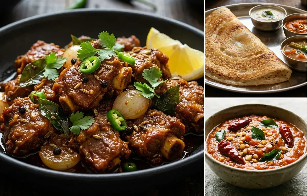 Mutton Chukka Varuval with Dosa and Tomato Chutney