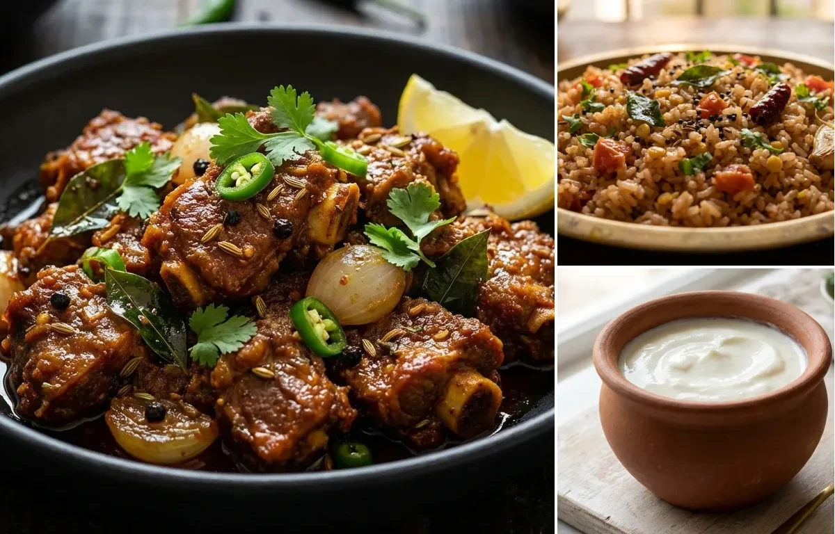 Mutton Chukka Varuval with Rasam Rice and Curd